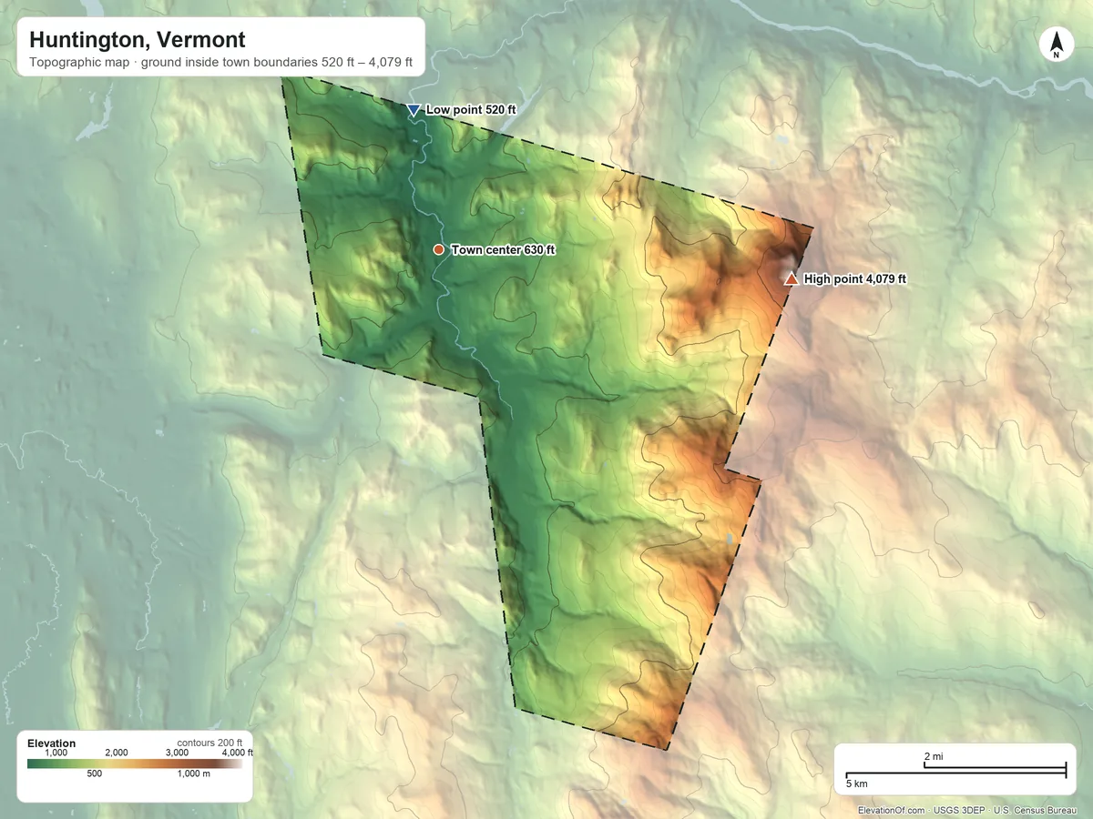 Topographic elevation map of Huntington, Vermont, shaded from 520 ft on the north side to 4,079 ft on Camels Hump