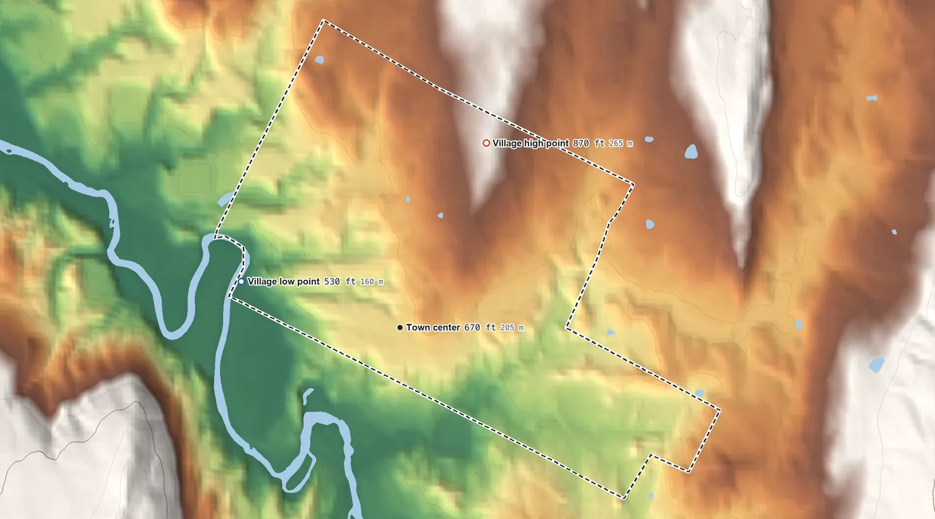 Topographic elevation map of Village of Hyde Park, Vermont, shaded from 530 ft on the west side to 870 ft at the foot of the Sterling Range