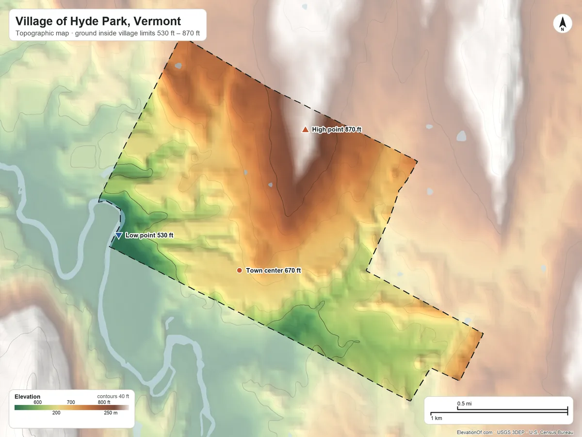 Topographic elevation map of Village of Hyde Park, Vermont, shaded from 530 ft on the west side to 870 ft at the foot of the Sterling Range