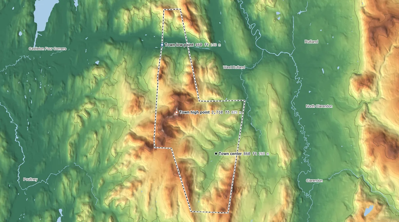 Topographic elevation map of Ira, Vermont, shaded from 460 ft on the northwest side to 2,710 ft on Herrick Mountain