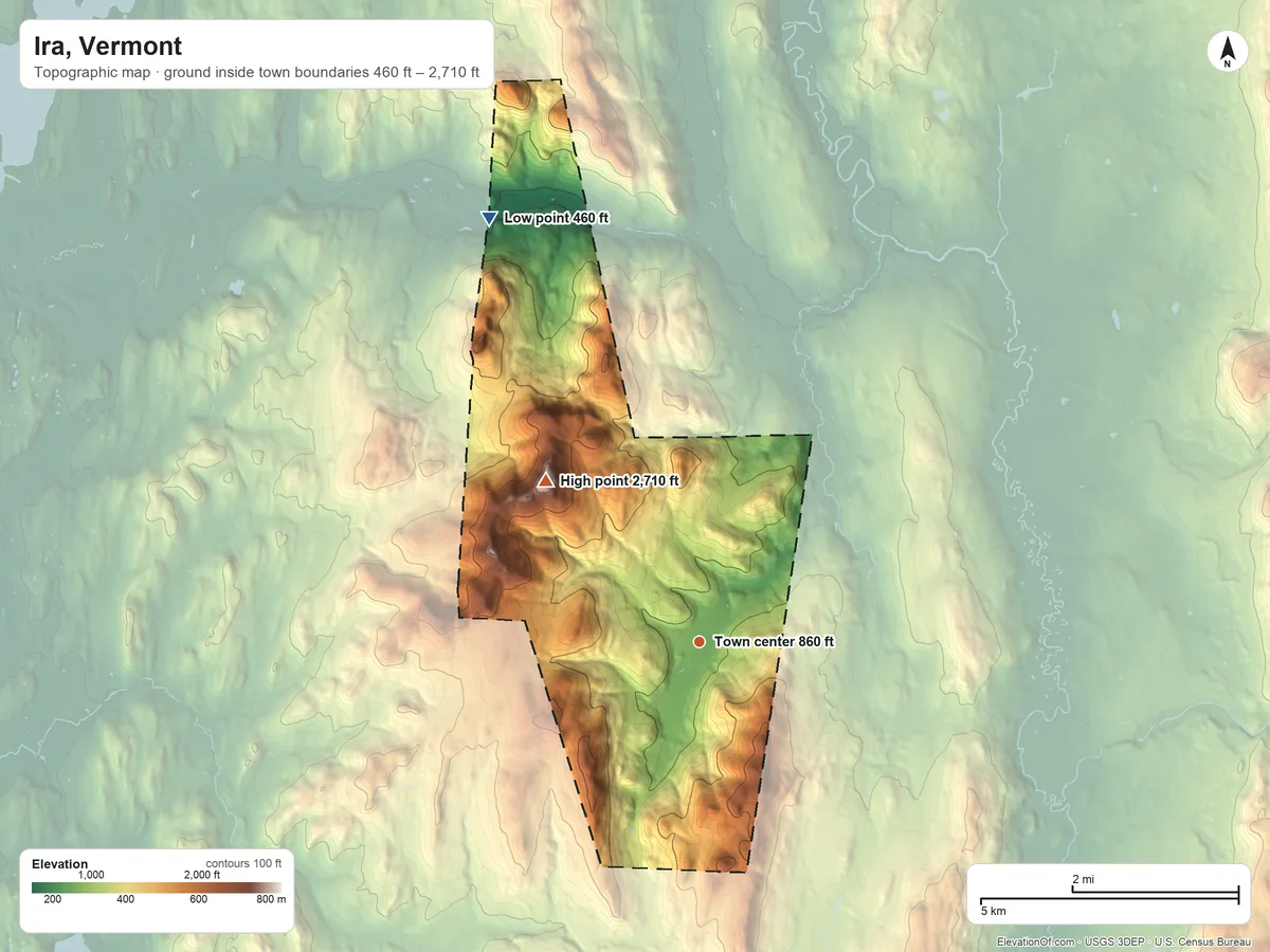 Topographic elevation map of Ira, Vermont, shaded from 460 ft on the northwest side to 2,710 ft on Herrick Mountain