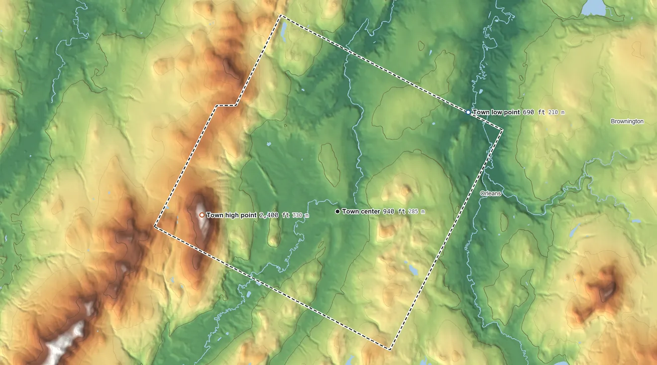 Topographic elevation map of Irasburg, Vermont, shaded from 690 ft on the northeast side to 2,400 ft on the west side