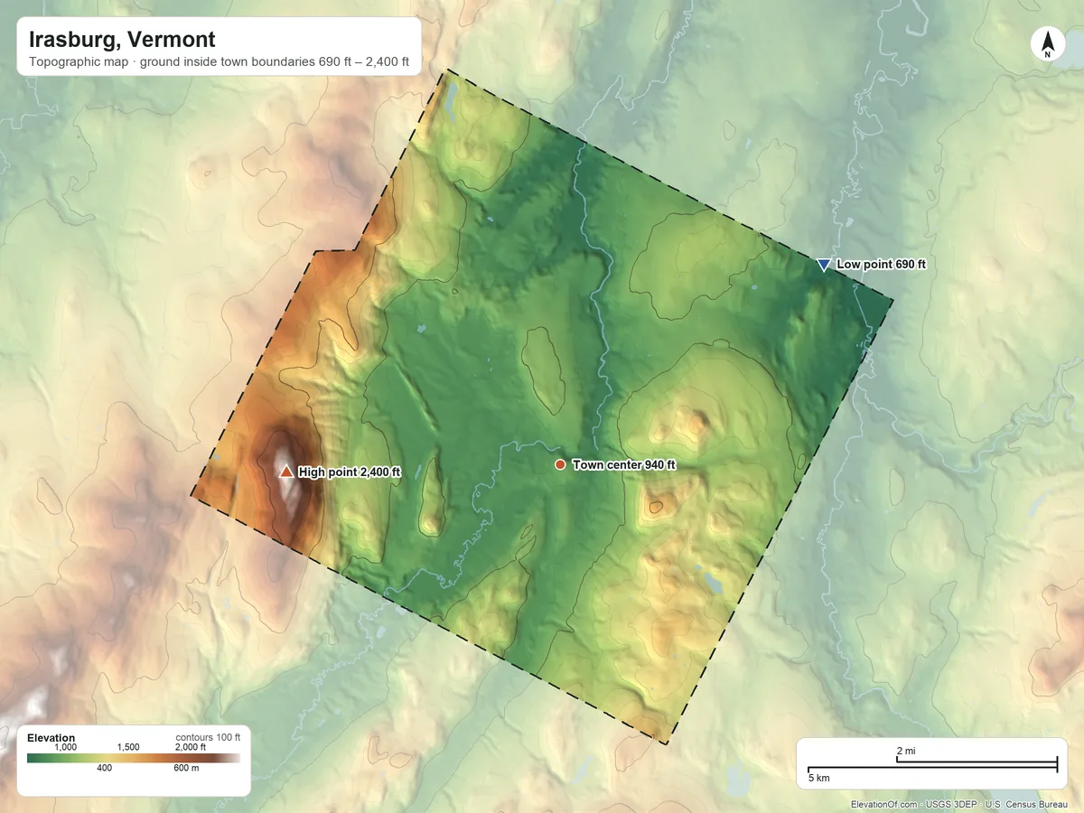 Topographic elevation map of Irasburg, Vermont, shaded from 690 ft on the northeast side to 2,400 ft on the west side