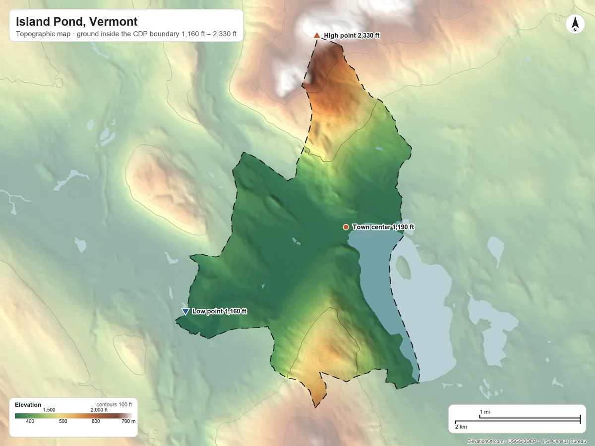 Topographic elevation map of Island Pond, Vermont, shaded from 1,160 ft on the southwest side to 2,330 ft at the foot of the East Haven Range
