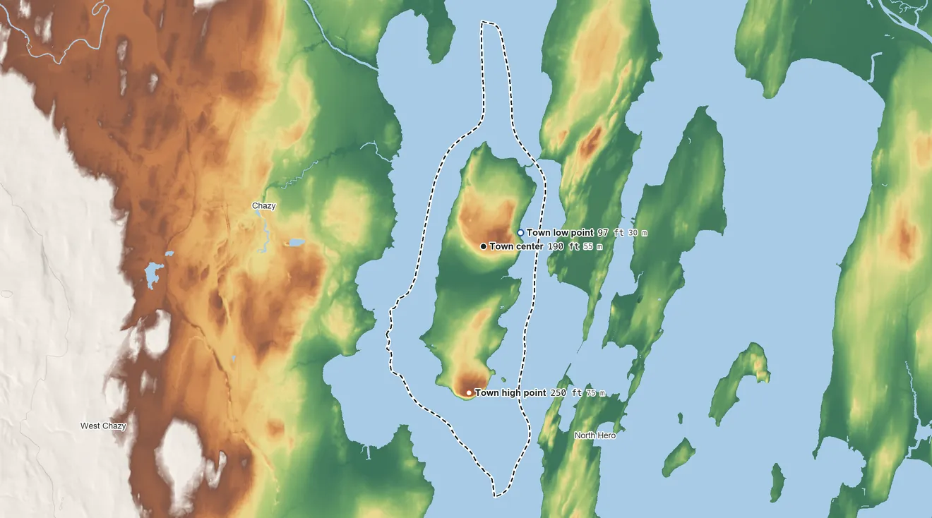 Topographic elevation map of Isle La Motte, Vermont, shaded from 97 ft near the middle to 253 ft on The Head
