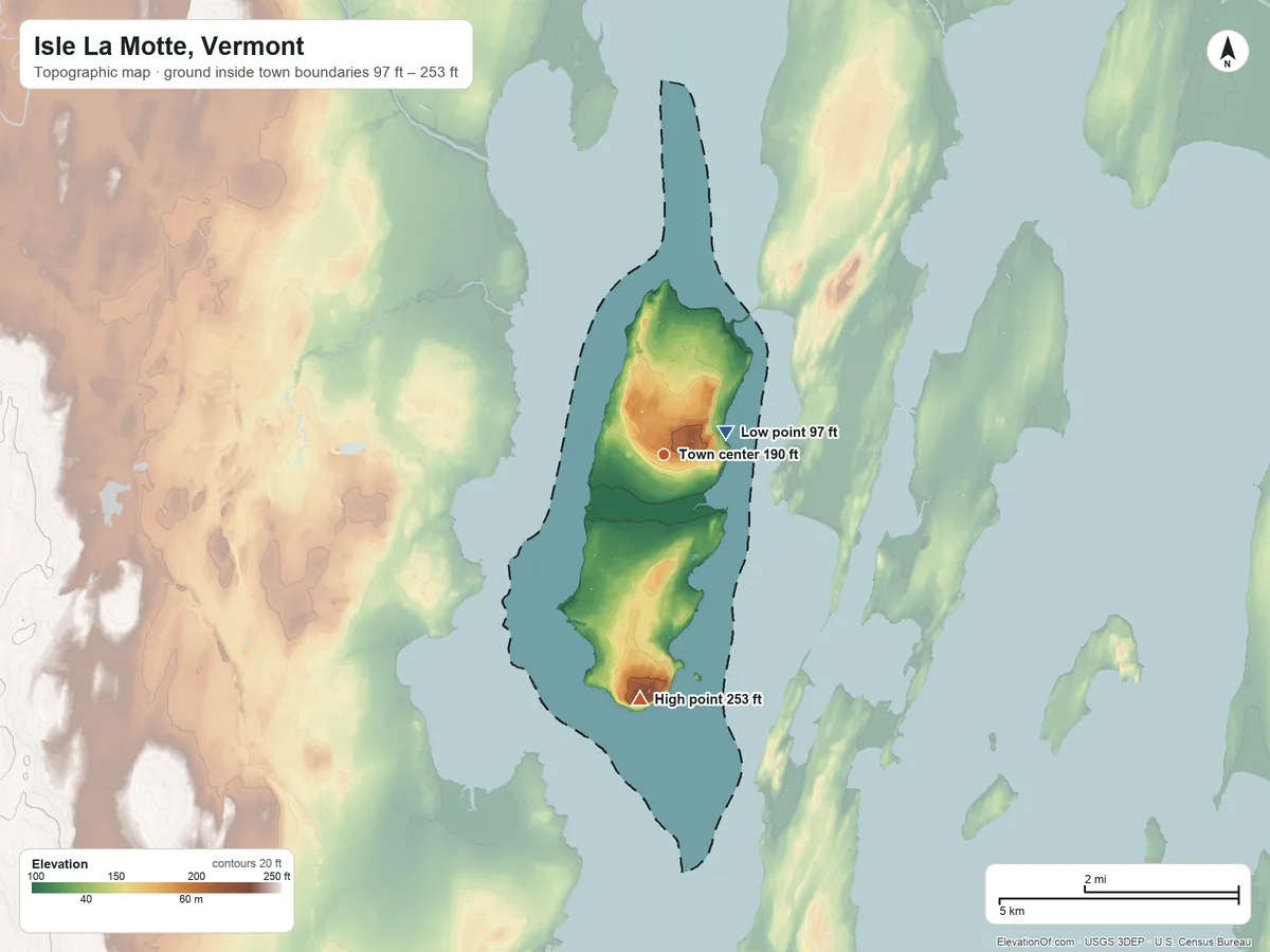 Topographic elevation map of Isle La Motte, Vermont, shaded from 97 ft near the middle to 253 ft on The Head