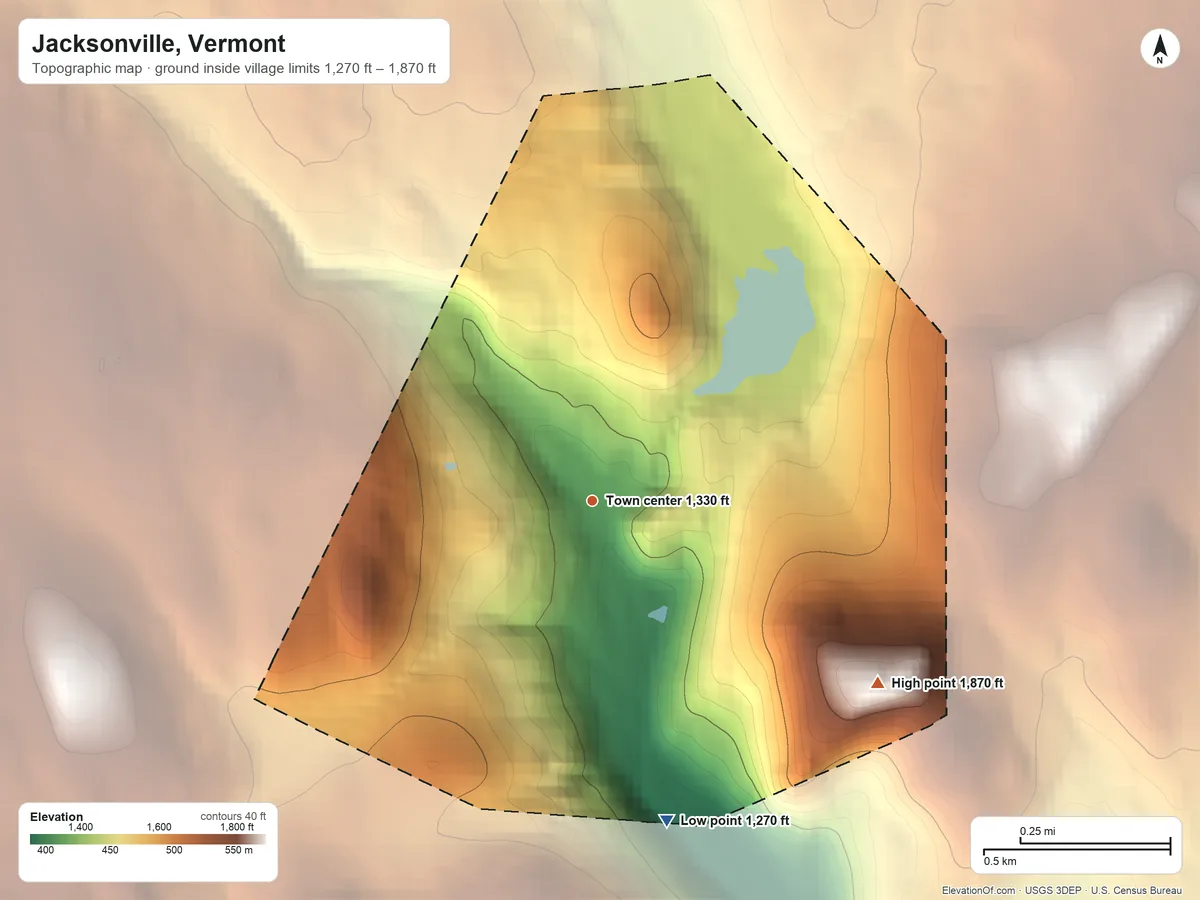 Topographic elevation map of Jacksonville, Vermont, shaded from 1,270 ft on the south side to 1,870 ft on Hosley Hill