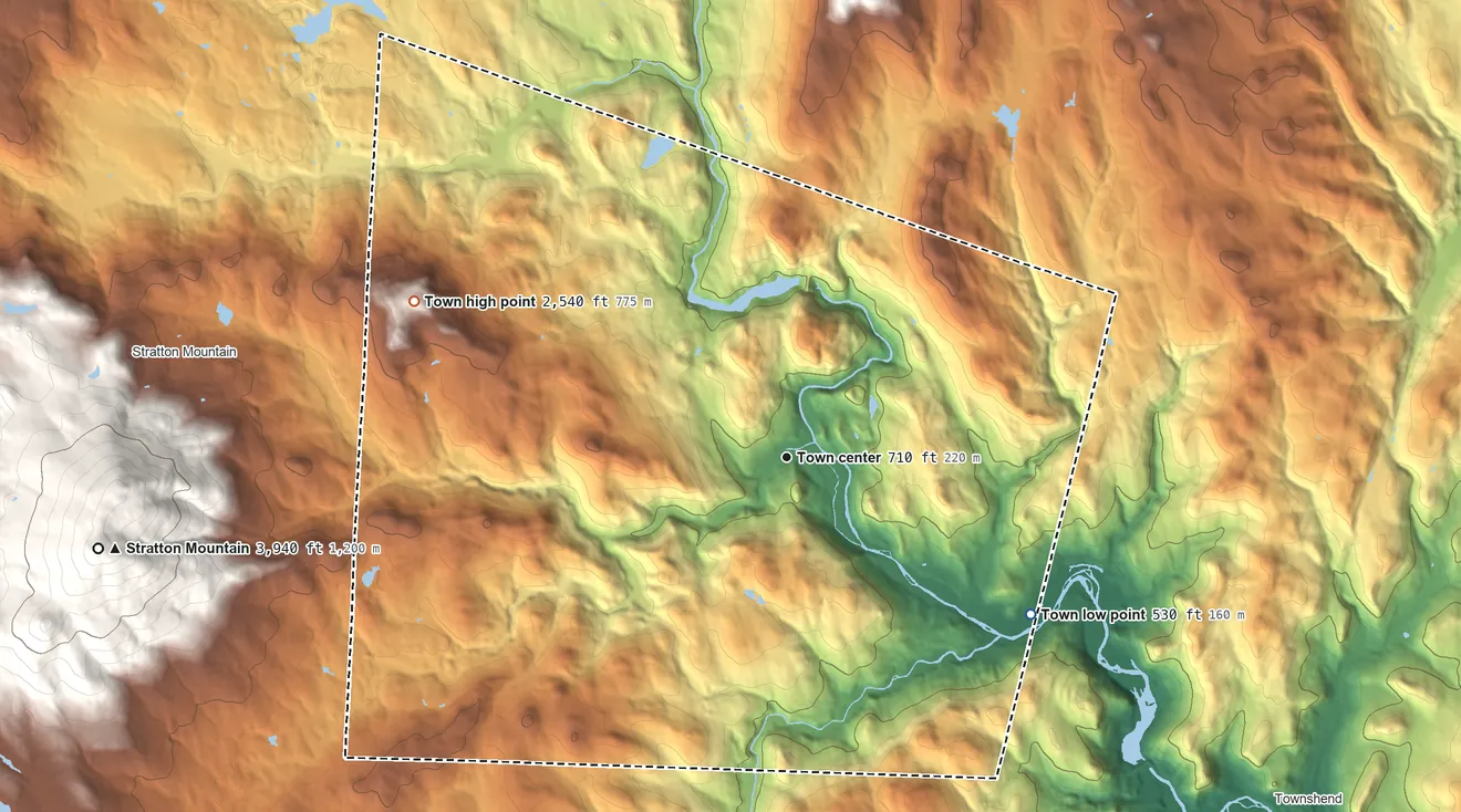 Topographic elevation map of Jamaica, Vermont, shaded from 530 ft on the southeast side to 2,540 ft on The Pinnacle