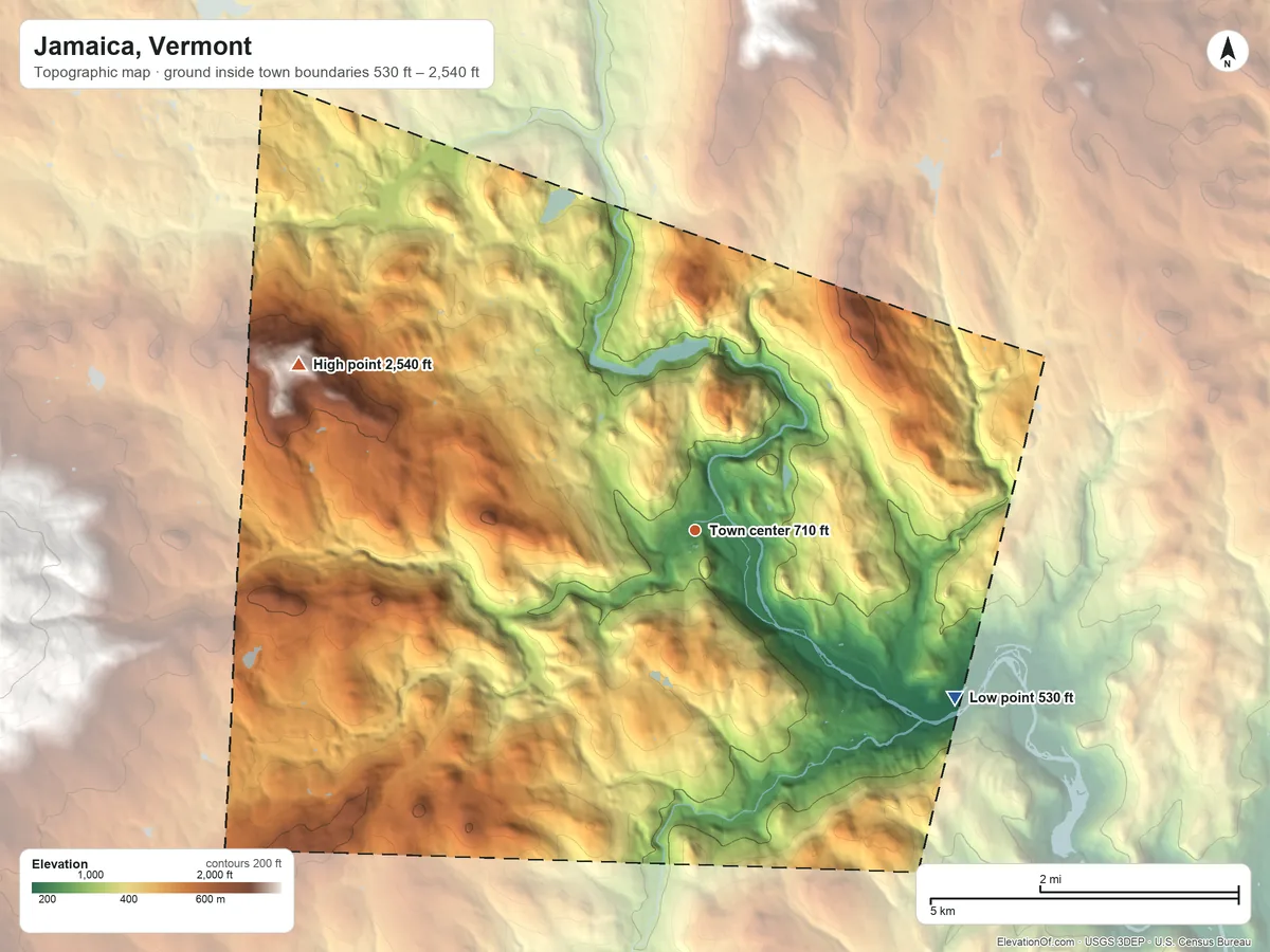 Topographic elevation map of Jamaica, Vermont, shaded from 530 ft on the southeast side to 2,540 ft on The Pinnacle