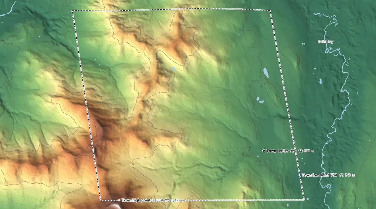 Topographic elevation map of Jay, Vermont, shaded from 780 ft on the southeast side to 3,862 ft on Jay Peak