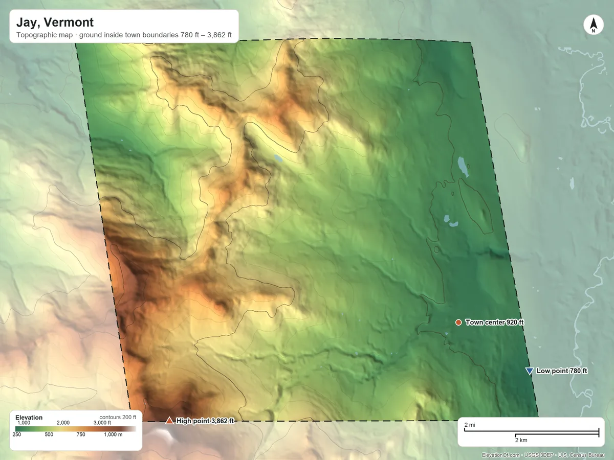 Topographic elevation map of Jay, Vermont, shaded from 780 ft on the southeast side to 3,862 ft on Jay Peak