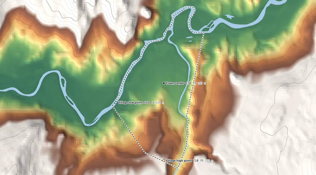 Topographic elevation map of Jeffersonville, Vermont, shaded from 440 ft on the west side to 710 ft at the foot of the Sterling Range