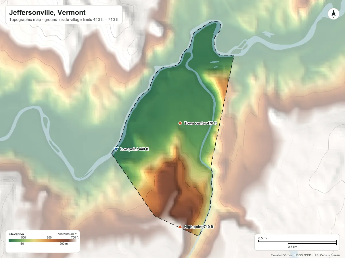 Topographic elevation map of Jeffersonville, Vermont, shaded from 440 ft on the west side to 710 ft at the foot of the Sterling Range