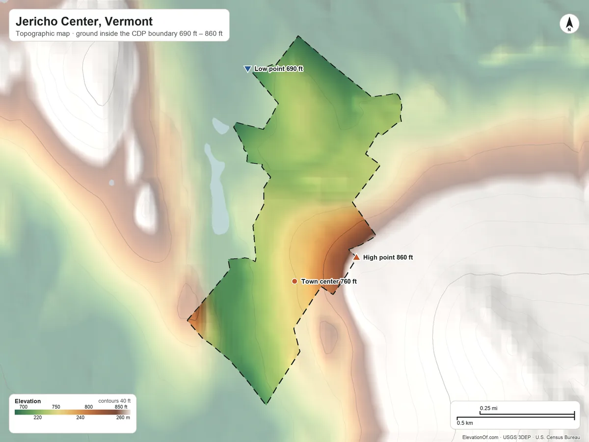 Topographic elevation map of Jericho Center, Vermont, shaded from 690 ft on the north side to 860 ft at the foot of the Sterling Range