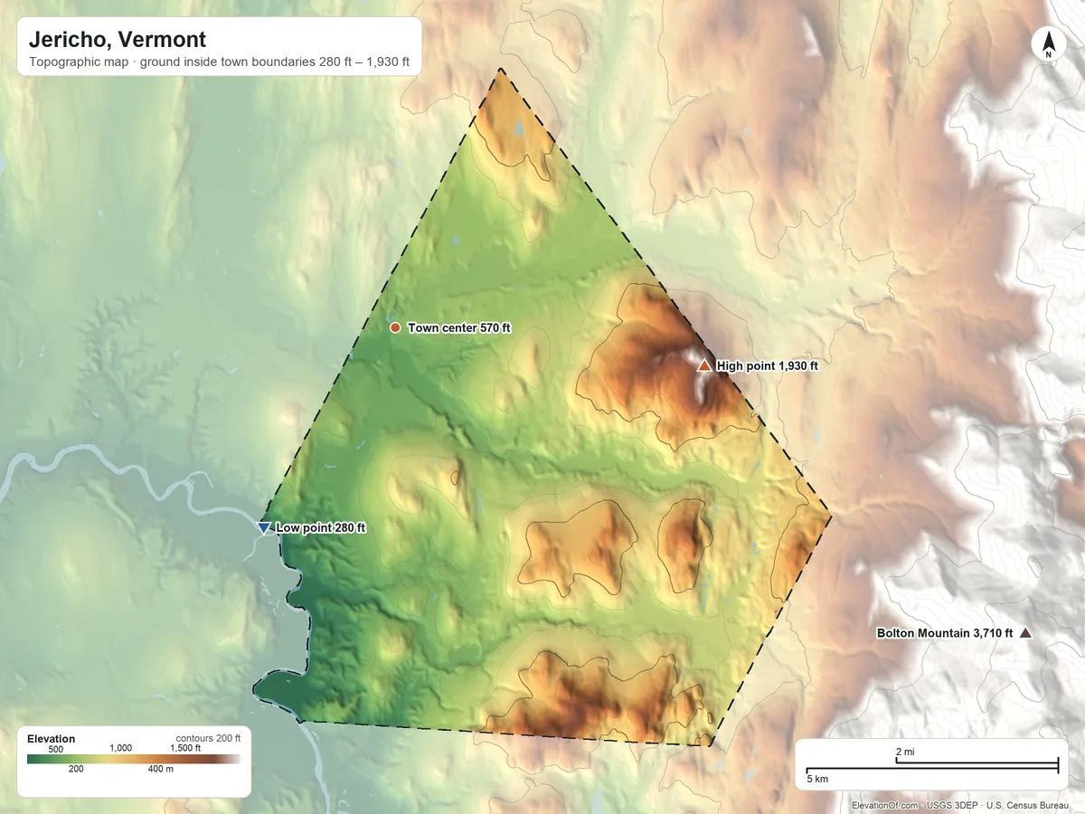 Topographic elevation map of Jericho, Vermont, shaded from 280 ft on the southwest side to 1,930 ft on Bald Hill