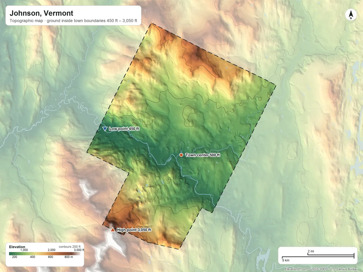 Topographic elevation map of Johnson, Vermont, shaded from 450 ft on the west side to 3,050 ft at the foot of the Sterling Range