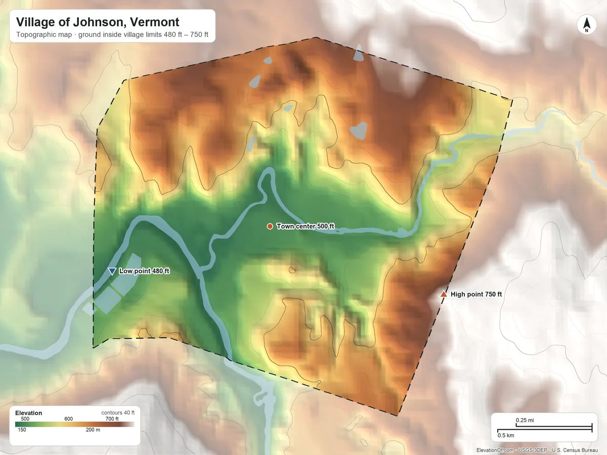 Topographic elevation map of Village of Johnson, Vermont, shaded from 480 ft on the west side to 750 ft at the foot of the Sterling Range
