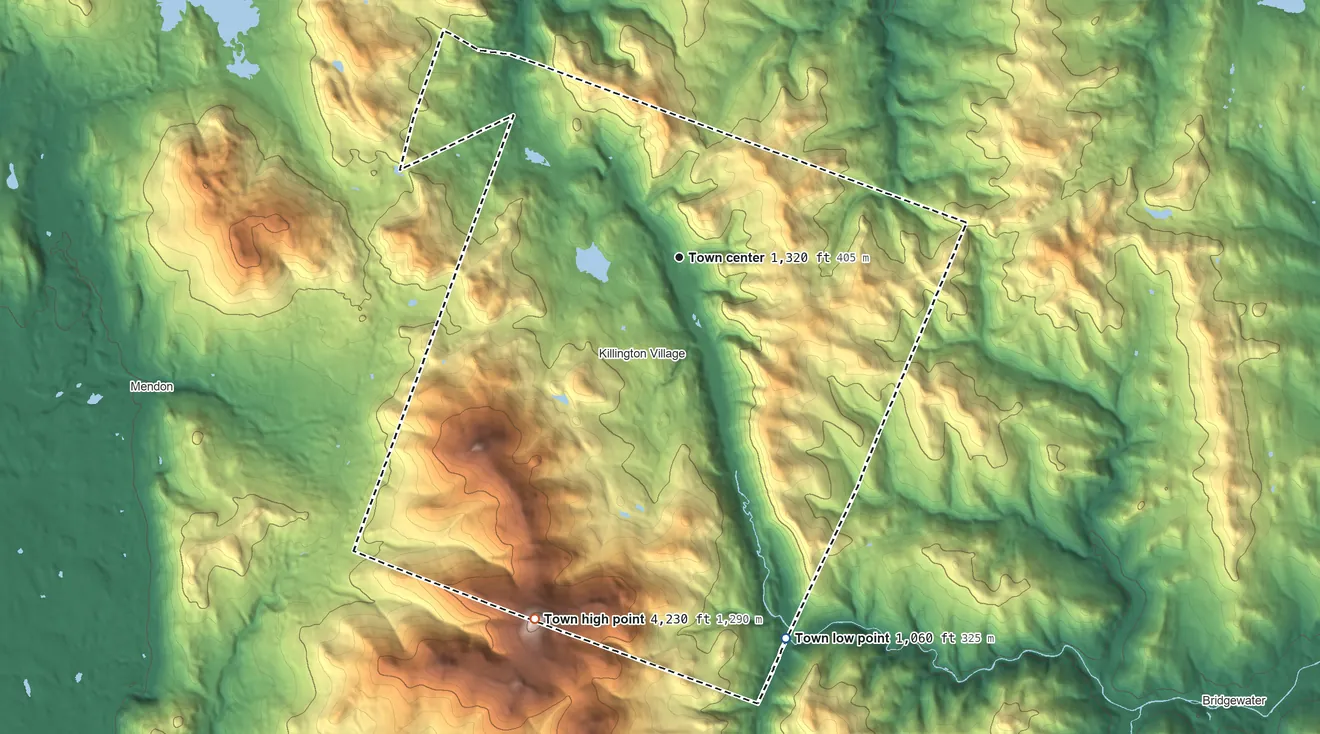 Topographic elevation map of Killington, Vermont, shaded from 1,060 ft on the south side to 4,229 ft on Killington Peak