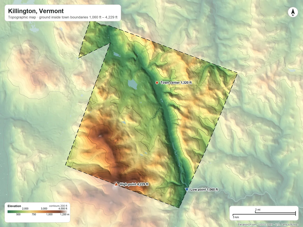 Topographic elevation map of Killington, Vermont, shaded from 1,060 ft on the south side to 4,229 ft on Killington Peak
