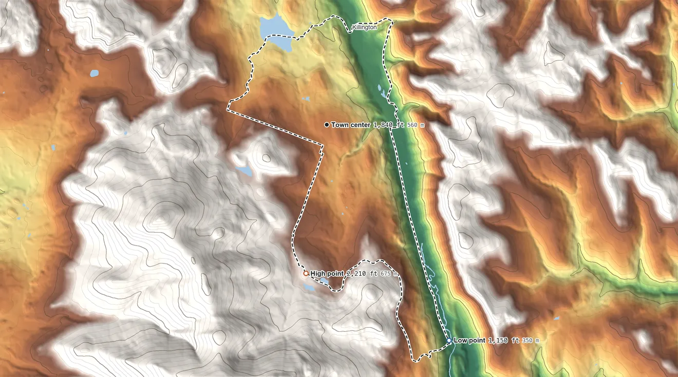Topographic elevation map of Killington Village, Vermont, shaded from 1,150 ft on the southeast side to 2,210 ft at the foot of the Coolidge Range