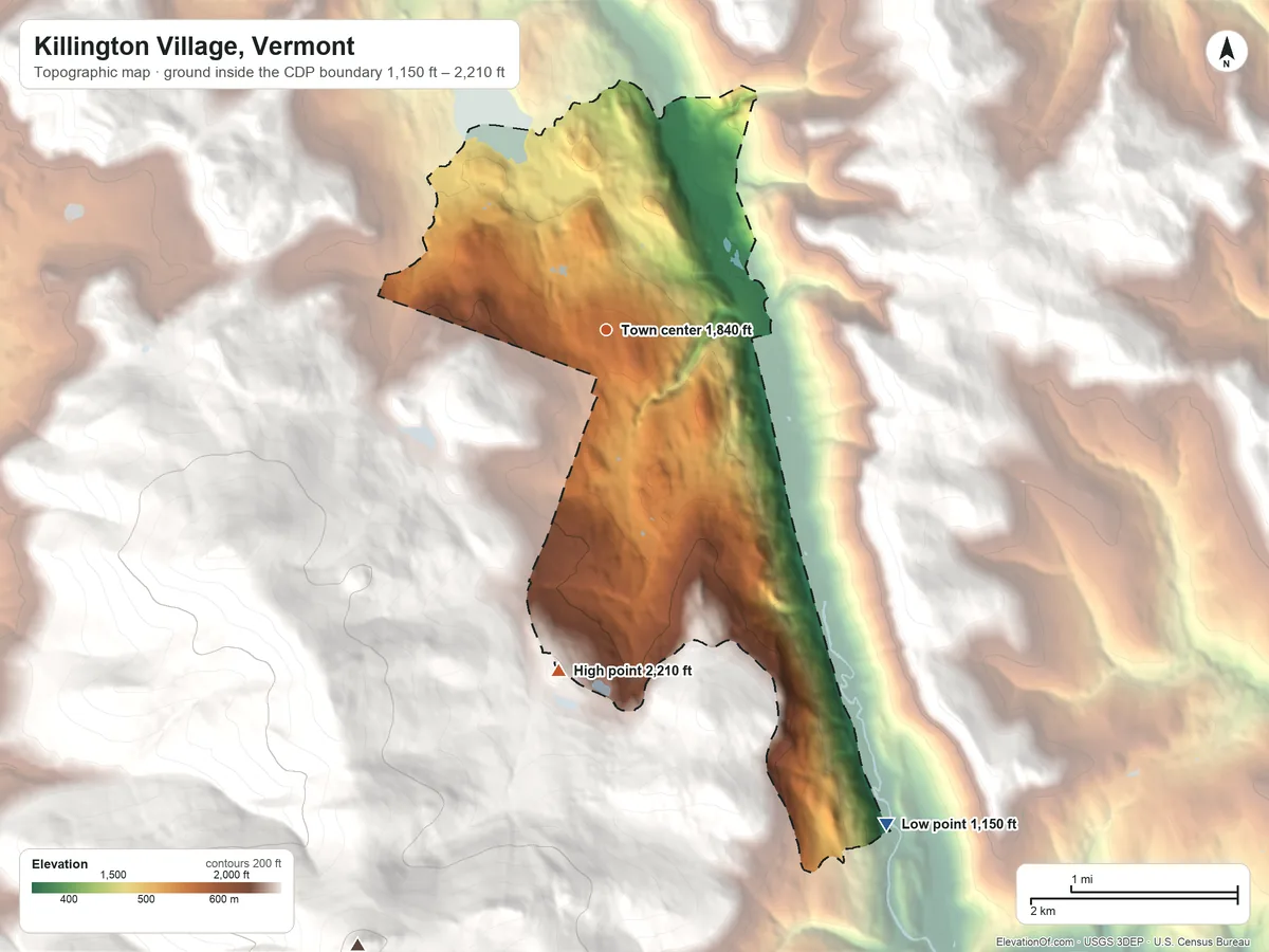 Topographic elevation map of Killington Village, Vermont, shaded from 1,150 ft on the southeast side to 2,210 ft at the foot of the Coolidge Range