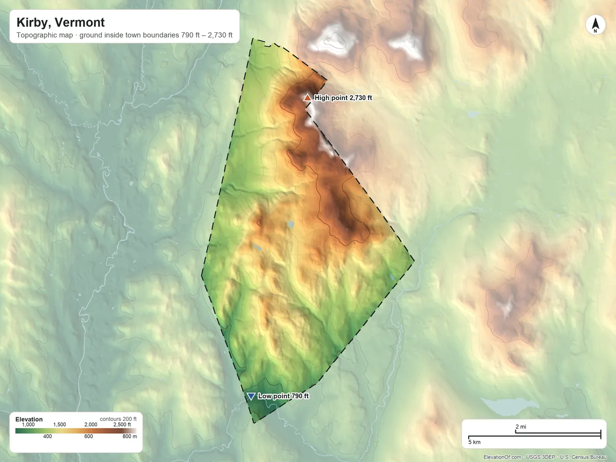 Topographic elevation map of Kirby, Vermont, shaded from 790 ft on the south side to 2,730 ft at the foot of the East Haven Range