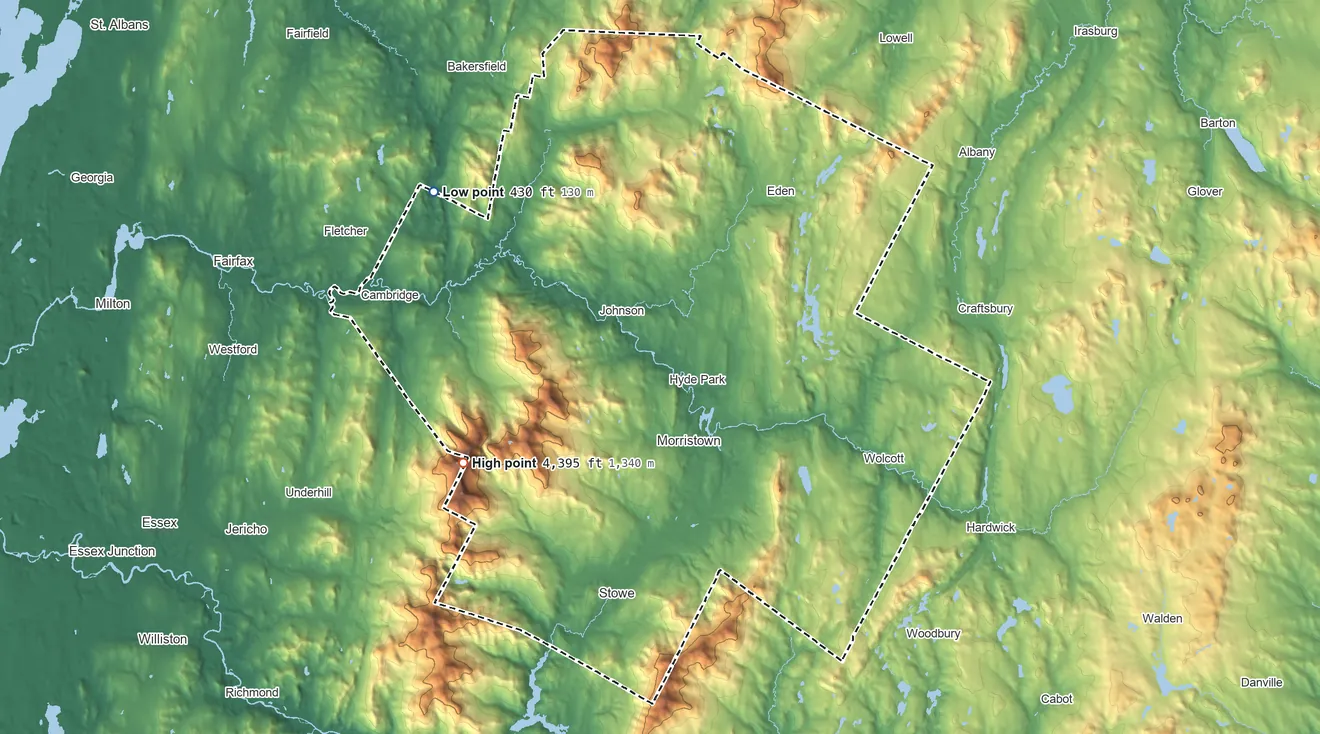 Topographic elevation map of Lamoille County, Vermont, shaded from 430 ft on the northwest side to 4,395 ft on Mount Mansfield