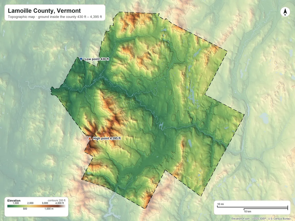 Topographic elevation map of Lamoille County, Vermont, shaded from 430 ft on the northwest side to 4,395 ft on Mount Mansfield