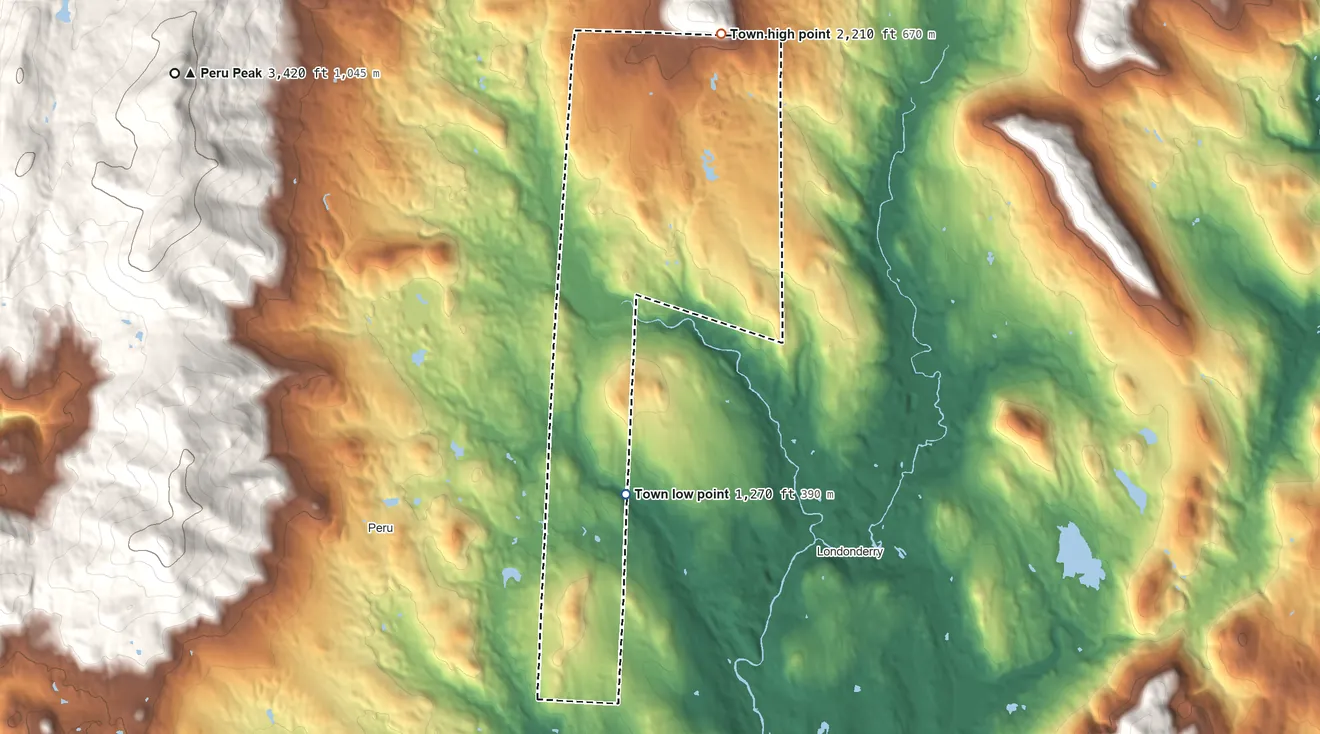 Topographic elevation map of Landgrove, Vermont, shaded from 1,270 ft on the south side to 2,210 ft on the north edge, below higher ground just outside