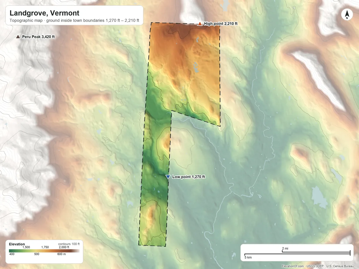 Topographic elevation map of Landgrove, Vermont, shaded from 1,270 ft on the south side to 2,210 ft on the north edge, below higher ground just outside