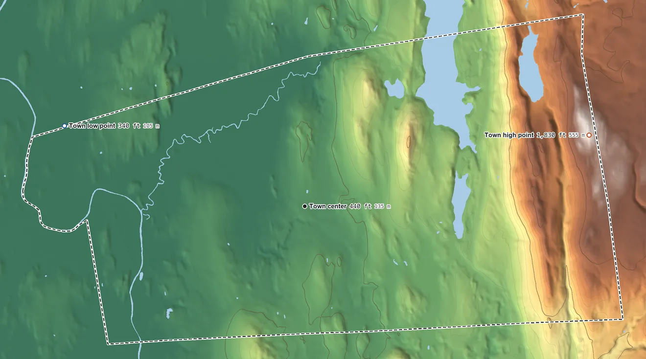 Topographic elevation map of Leicester, Vermont, shaded from 340 ft on the west side to 1,830 ft on the east edge, below higher ground just outside