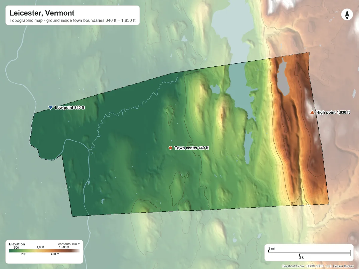 Topographic elevation map of Leicester, Vermont, shaded from 340 ft on the west side to 1,830 ft on the east edge, below higher ground just outside