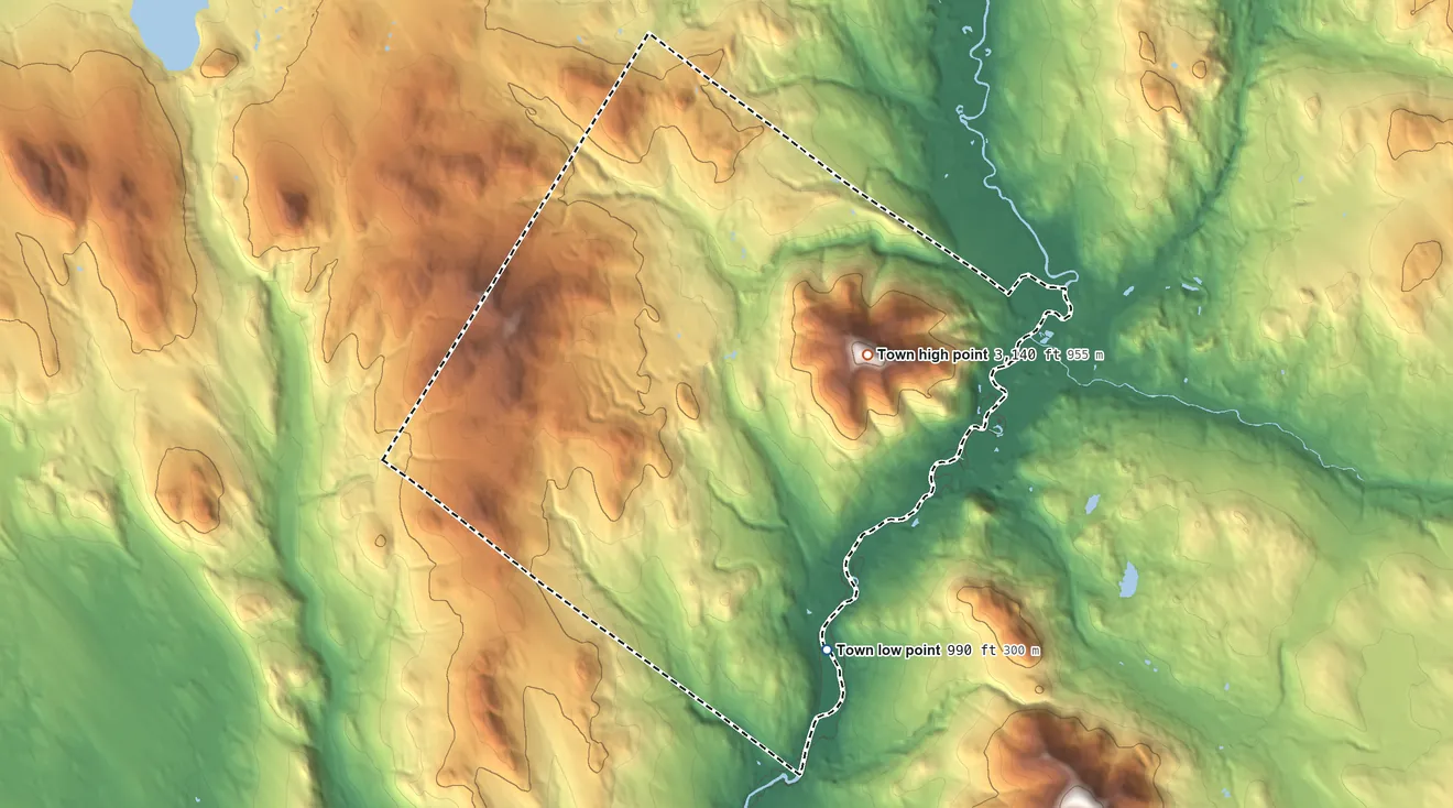 Topographic elevation map of Lemington, Vermont, shaded from 990 ft on the south side to 3,141 ft on Monadnock Mountain