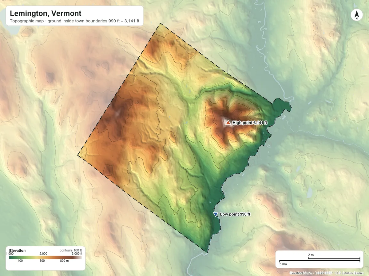 Topographic elevation map of Lemington, Vermont, shaded from 990 ft on the south side to 3,141 ft on Monadnock Mountain