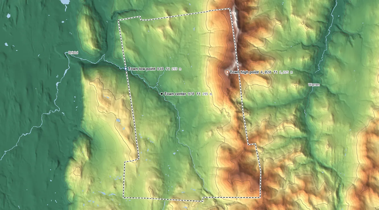 Topographic elevation map of Lincoln, Vermont, shaded from 840 ft on the northwest side to 4,017 ft on Mount Abraham