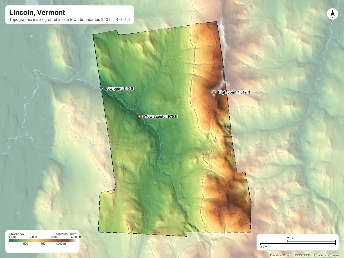 Topographic elevation map of Lincoln, Vermont, shaded from 840 ft on the northwest side to 4,017 ft on Mount Abraham