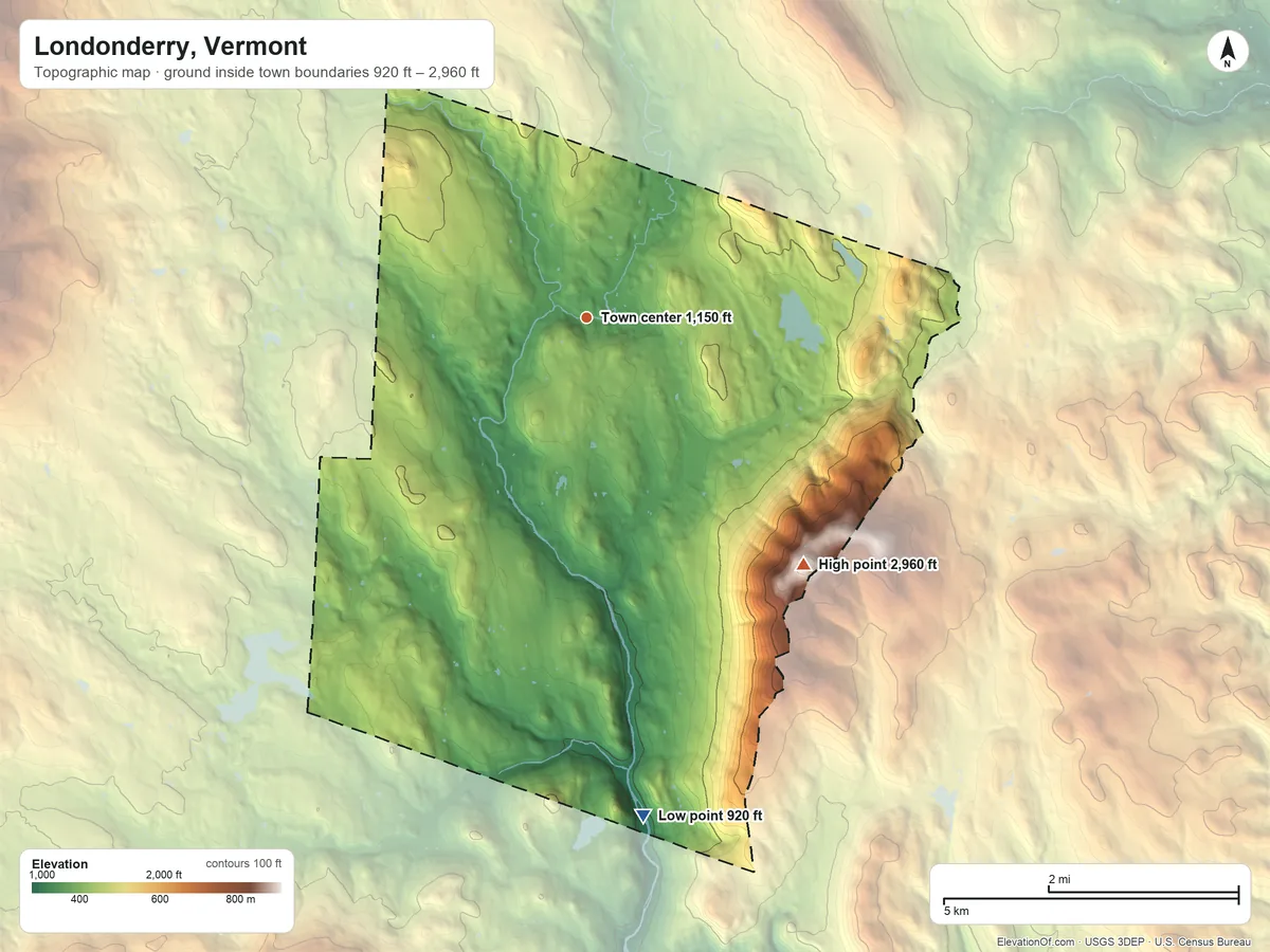 Topographic elevation map of Londonderry, Vermont, shaded from 920 ft on the south side to 2,960 ft on Glebe Mountain