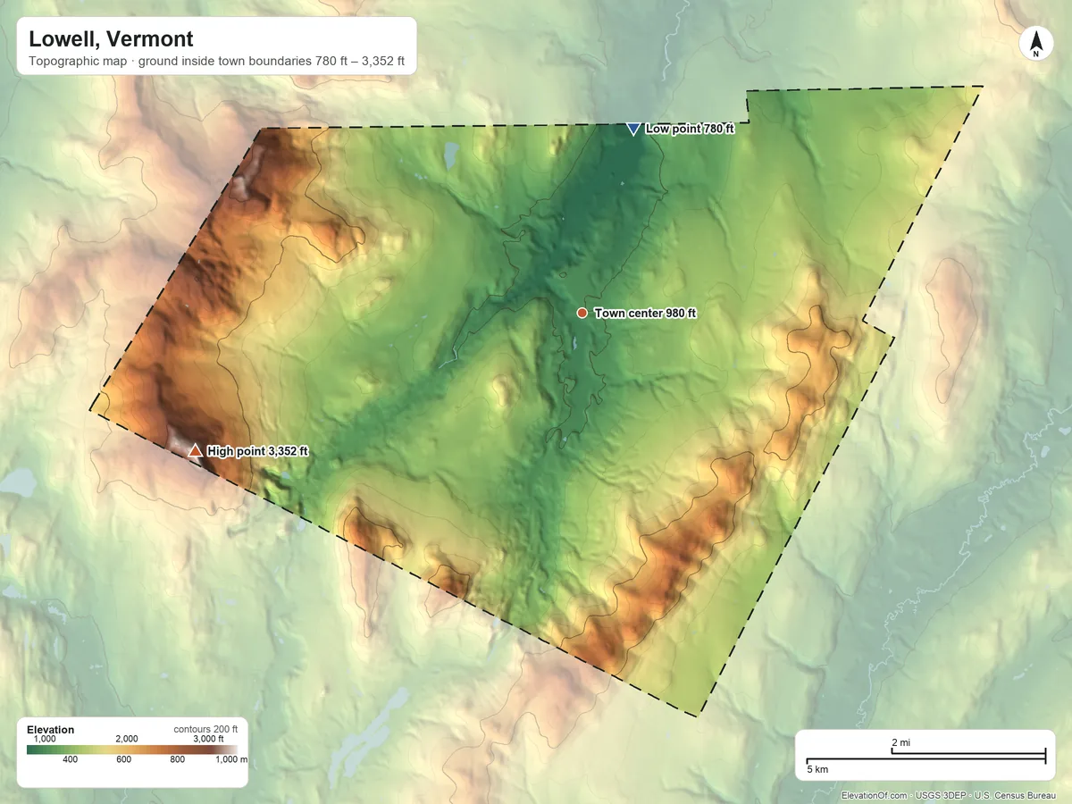 Topographic elevation map of Lowell, Vermont, shaded from 780 ft on the north side to 3,352 ft on Belvidere Mountain