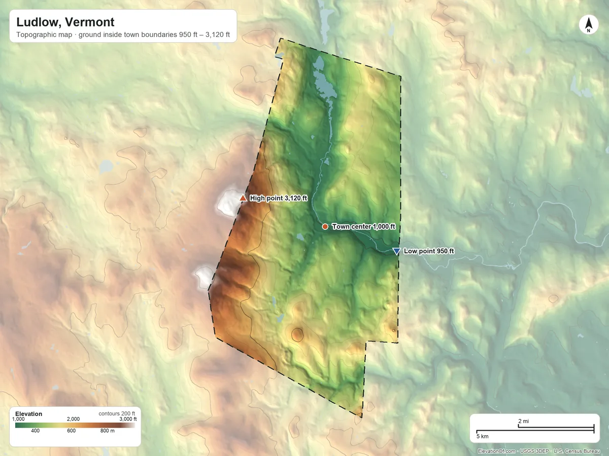 Topographic elevation map of Ludlow, Vermont, shaded from 950 ft on the east side to 3,120 ft on the west side