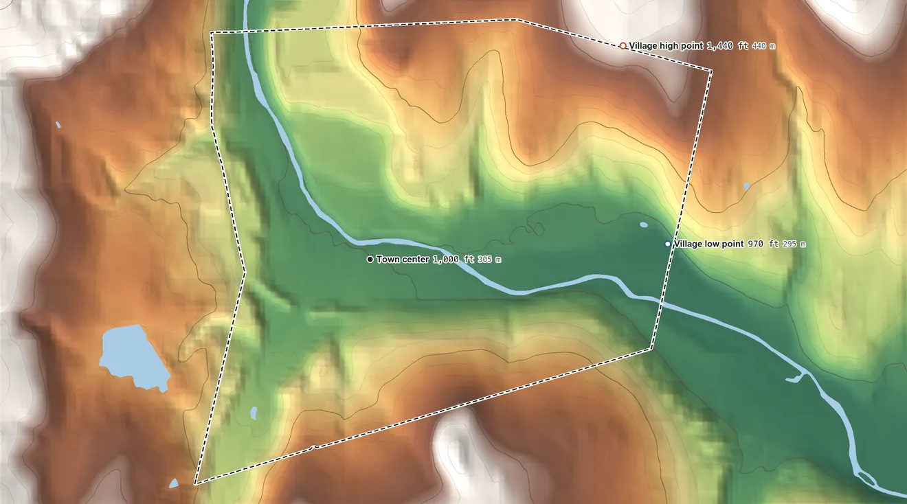 Topographic elevation map of Village of Ludlow, Vermont, shaded from 970 ft on the east side to 1,440 ft on the northeast side