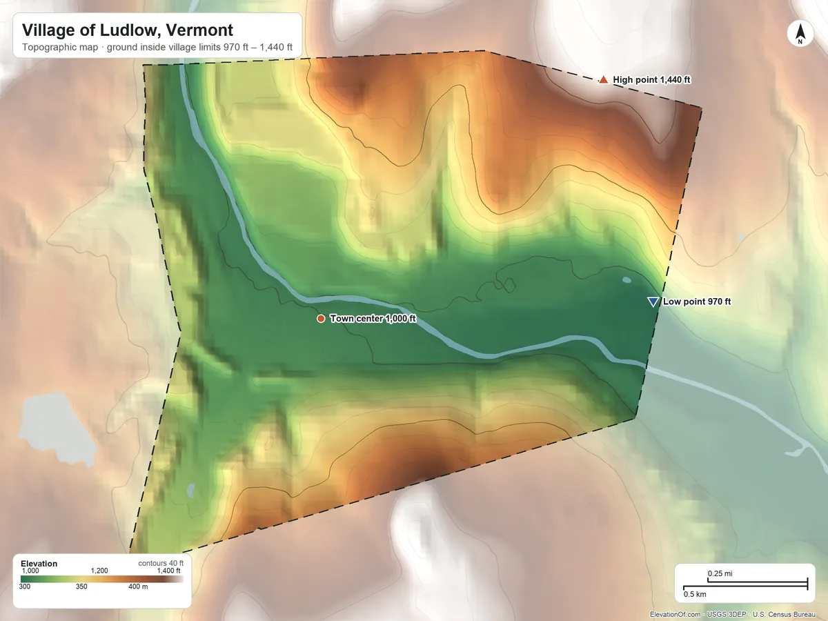 Topographic elevation map of Village of Ludlow, Vermont, shaded from 970 ft on the east side to 1,440 ft on the northeast side