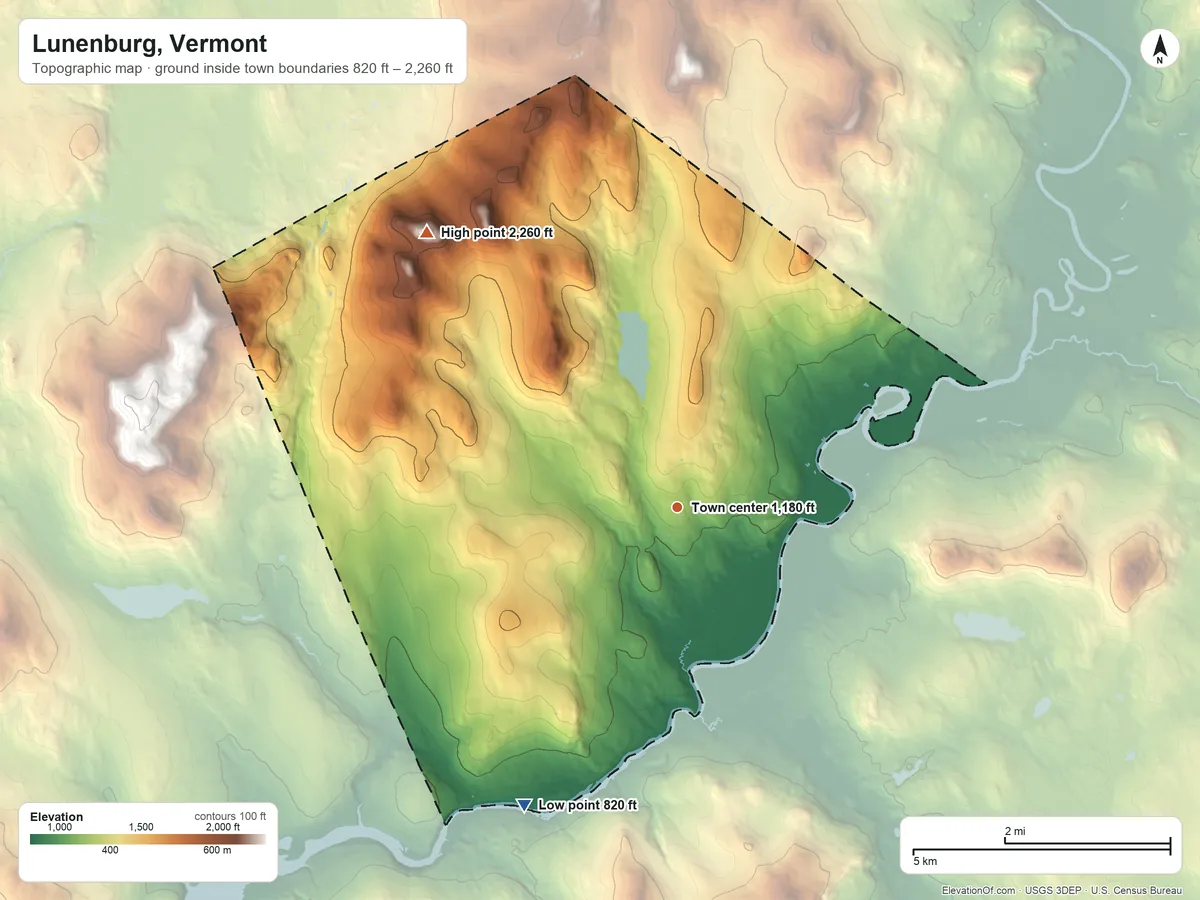 Topographic elevation map of Lunenburg, Vermont, shaded from 820 ft on the southwest side to 2,260 ft on Temple Mountain