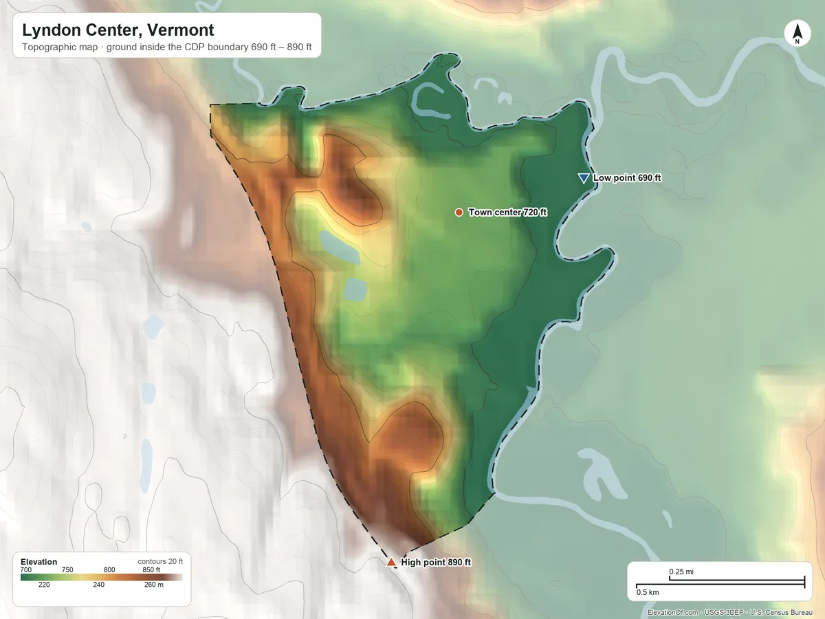 Topographic elevation map of Lyndon Center, Vermont, shaded from 690 ft on the east side to 890 ft at the foot of the East Haven Range