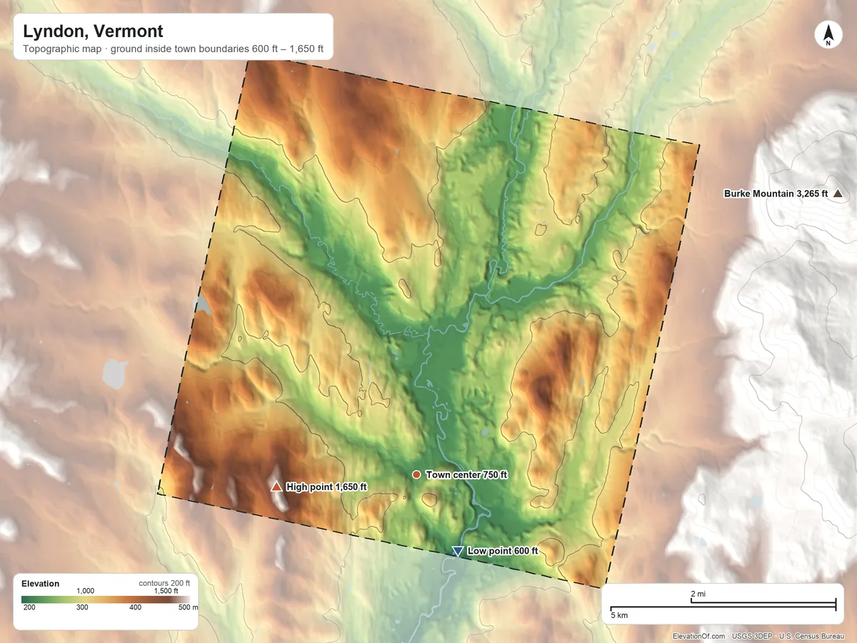 Topographic elevation map of Lyndon, Vermont, shaded from 600 ft on the southeast side to 1,650 ft on Diamond Hill