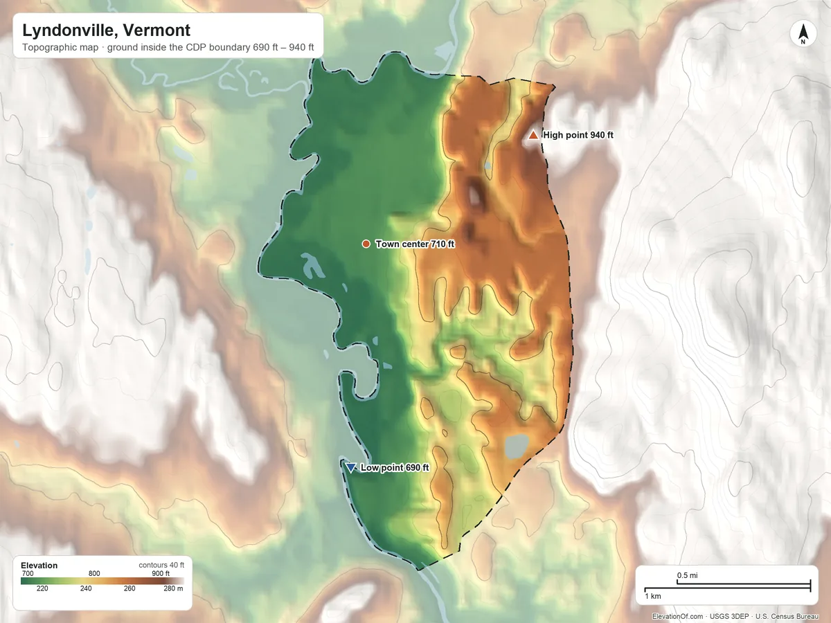 Topographic elevation map of Lyndonville, Vermont, shaded from 690 ft on the south side to 940 ft at the foot of the East Haven Range