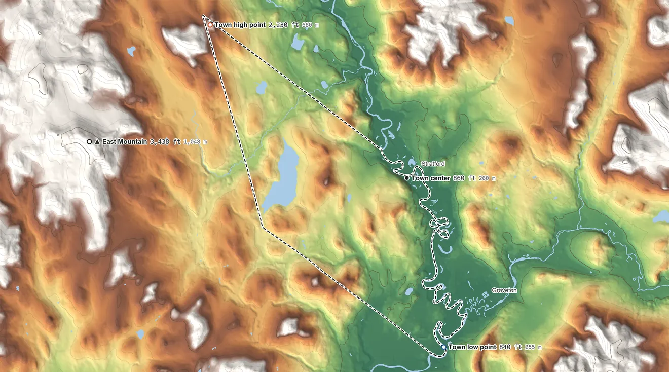 Topographic elevation map of Maidstone, Vermont, shaded from 840 ft on the south side to 2,230 ft at the foot of the East Haven Range