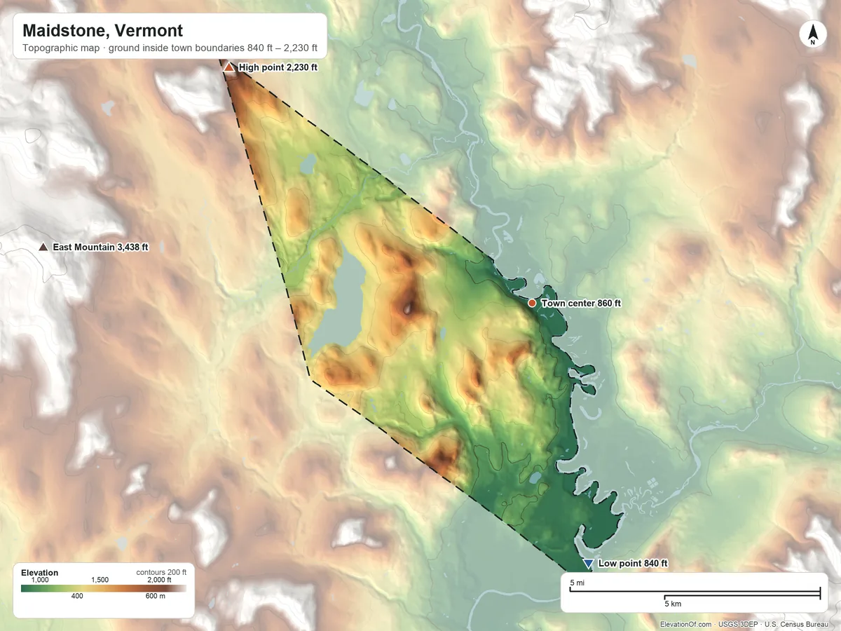 Topographic elevation map of Maidstone, Vermont, shaded from 840 ft on the south side to 2,230 ft at the foot of the East Haven Range