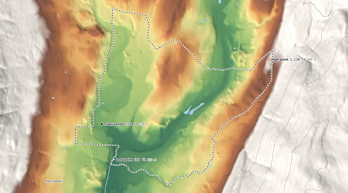 Topographic elevation map of Manchester Center, Vermont, shaded from 680 ft on the south side to 1,130 ft on the east edge, below higher ground just outside