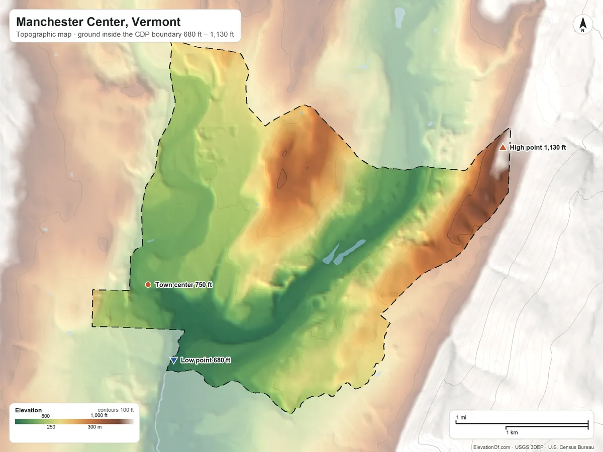 Topographic elevation map of Manchester Center, Vermont, shaded from 680 ft on the south side to 1,130 ft on the east edge, below higher ground just outside
