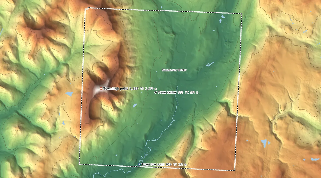 Topographic elevation map of Manchester, Vermont, shaded from 630 ft on the south side to 3,830 ft on Equinox Mountain